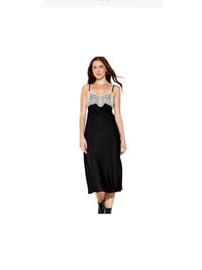 Women's Black Lace Trim Satin Midi Sleeveless Slip Dress M Whimsigoth Witchy